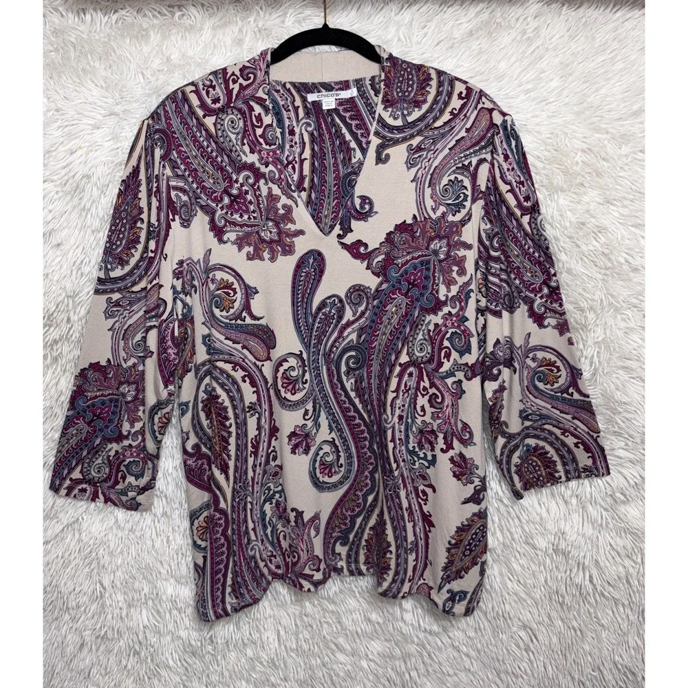 Chico's Top‎ Women's Size 3 Purple Paisley Rayon Blend 3/4 Sleeve V-Neck Blouse
